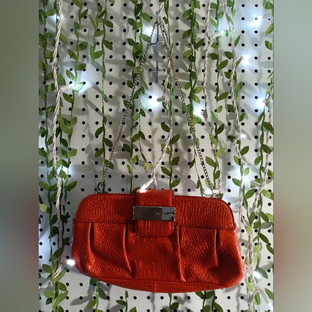 Orange Crocodile-Embossed Chain Bag